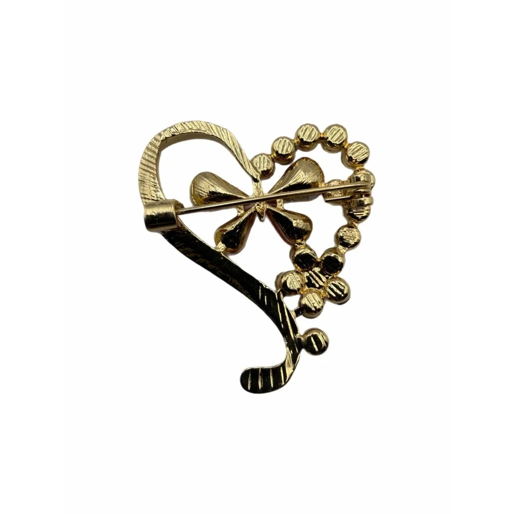 Gold Tone Red Rhinestone Butterfly Heart Brooch Clear Crystal Accent Pin